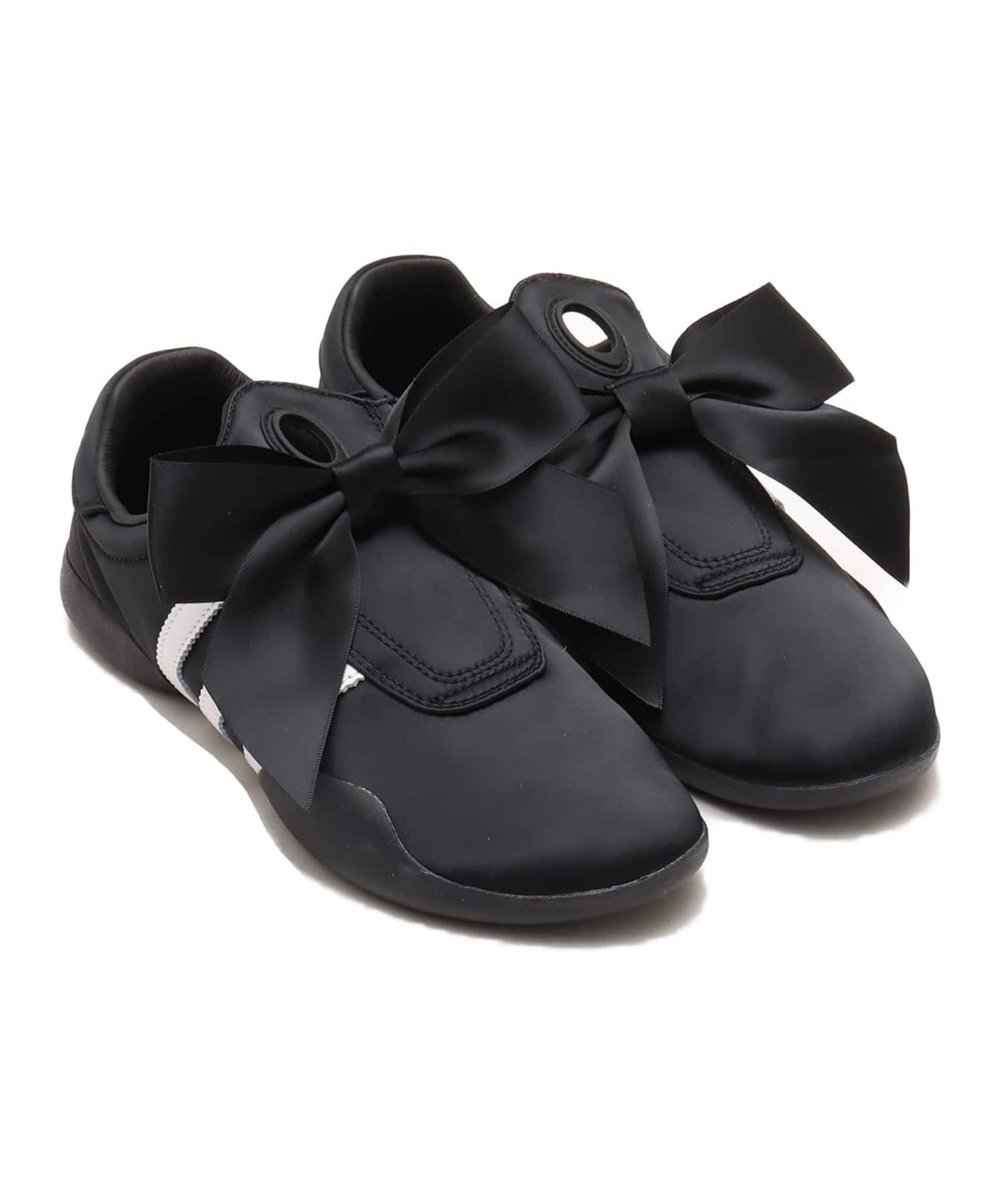 adidas Taekwondo May x atmos pink with satin upper, white leather stripes, removable bow, and "Designed in Tokyo" label