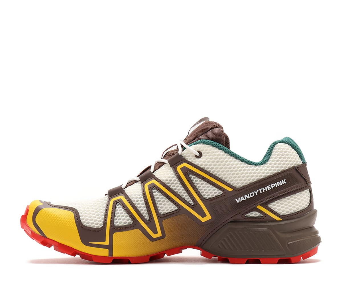 Salomon x Vandy The Pink SPEEDCROSS 3 "Hamburger" sneaker with vibrant colors and materials representing a hamburger