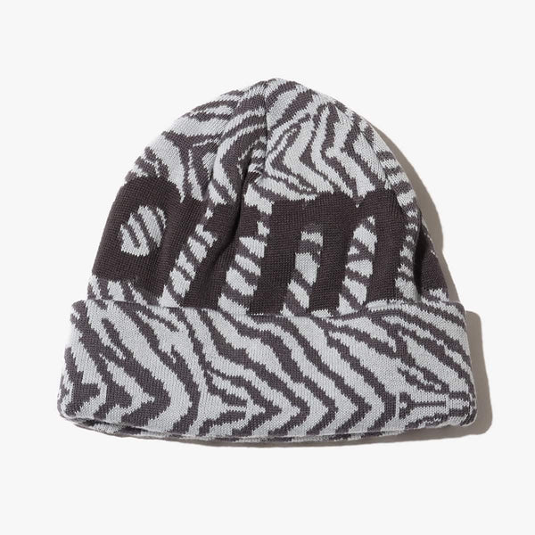 Knit cap with "atmos" logo, jacquard zebra and leopard patterns, and made from thick acrylic-blend yarn for warmth.