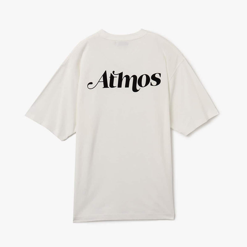 Vintage-style short-sleeved T-shirt with textured jersey fabric, open-end yarn, and flocked atmos motif on the front and back. Sand-washed finish for a retro appearance.


