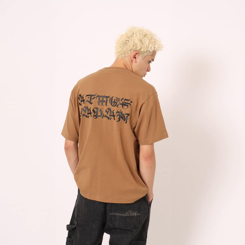 Short-sleeve T-shirt with a textured jersey fabric and bold Old English font motif printed in thick rubber on the front and back.





