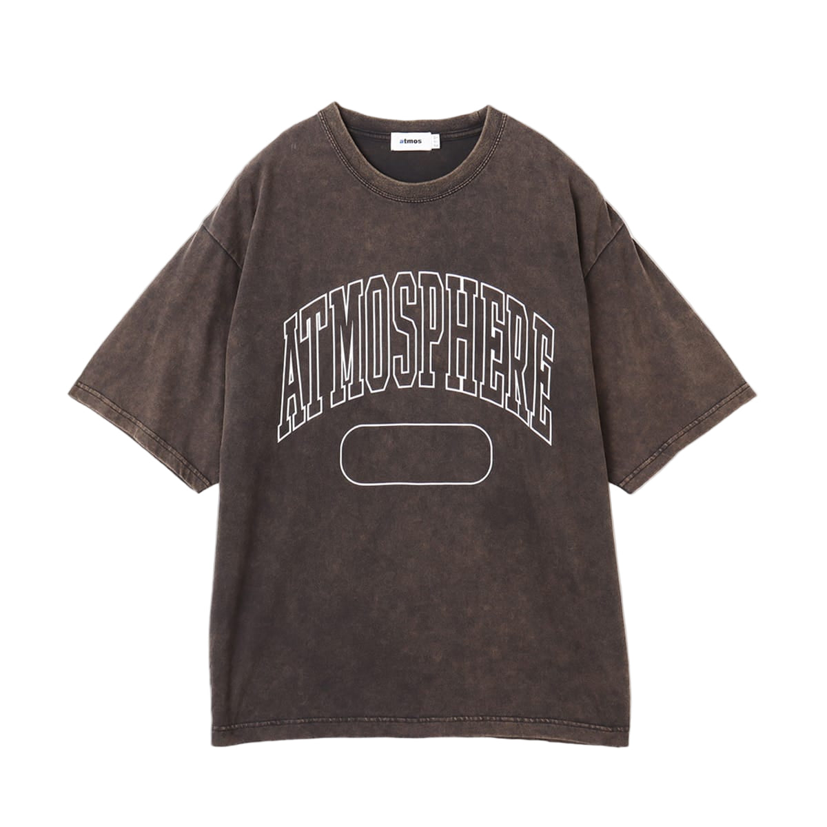 ATMOSPHERE short-sleeved T-shirt with front college logo, vintage black wash, and blue pistag detail