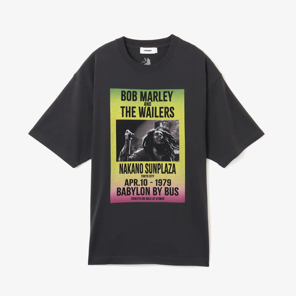 Bob Marley x Atmos T-shirt inspired by his 1979 Nakano Sun Plaza live performance, featuring 1970s-style Jamaican concert flyer design on the front and setlist from the show on the back.