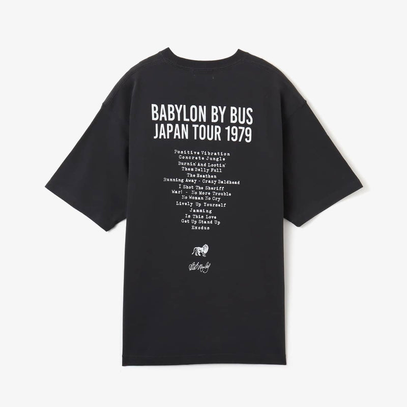 Bob Marley x Atmos T-shirt inspired by his 1979 Nakano Sun Plaza live performance, featuring 1970s-style Jamaican concert flyer design on the front and setlist from the show on the back.