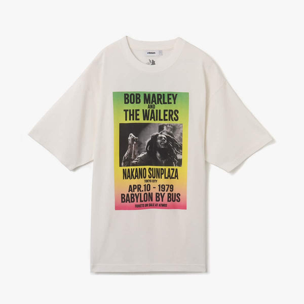 Bob Marley x Atmos T-shirt inspired by his 1979 Nakano Sun Plaza live performance, featuring 1970s-style Jamaican concert flyer design on the front and setlist from the show on the back.