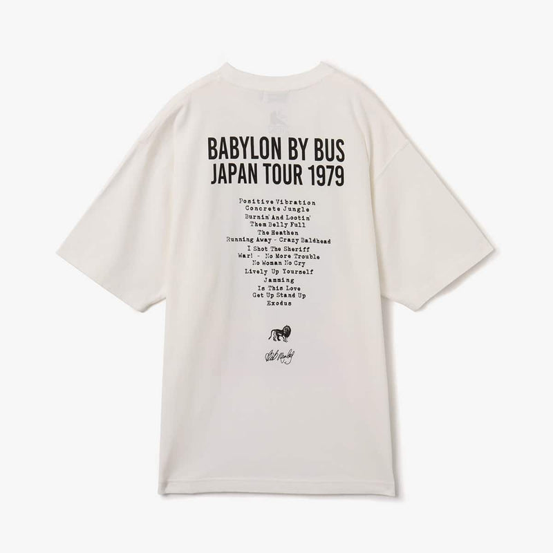 Bob Marley x Atmos T-shirt inspired by his 1979 Nakano Sun Plaza live performance, featuring 1970s-style Jamaican concert flyer design on the front and setlist from the show on the back.