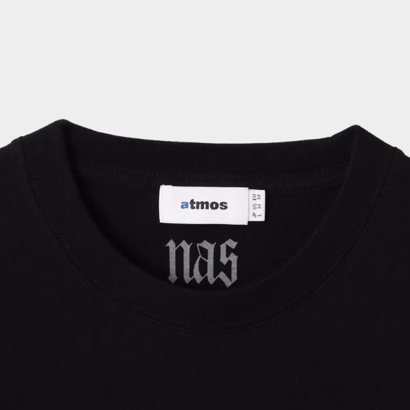 Nas x atmos "Nas Illmatic" T-shirt featuring the Nas logo and album title on the front, with the tracklist on the back, celebrating the 30th anniversary of the Illmatic album during Nas's Japan tour.