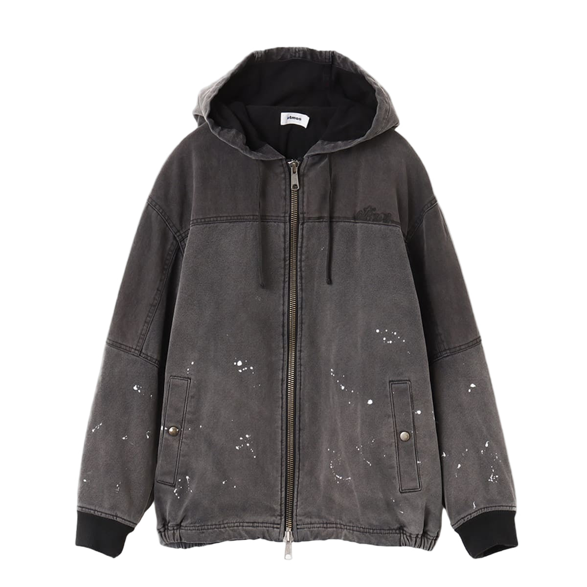 Hoodie-style work jacket made from durable duck fabric with fleece lining for warmth, featuring paint drips, bleach marks, and an atmos motif on the left chest. Model height 180cm, wearing size L.


