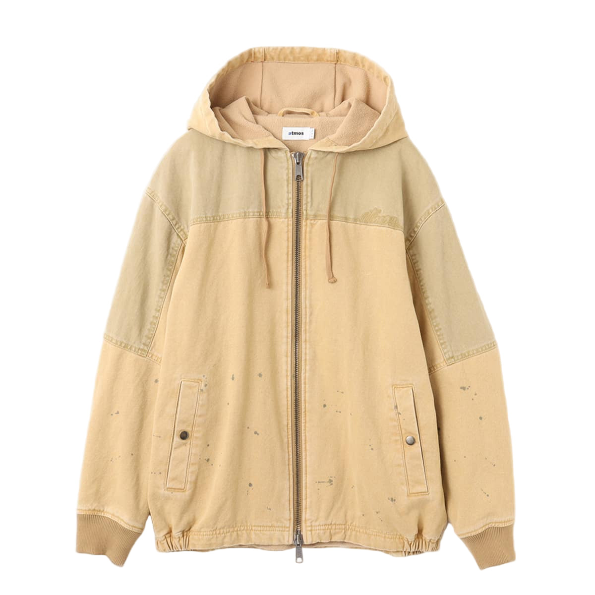 Hoodie-style work jacket made from durable duck fabric with fleece lining for warmth, featuring paint drips, bleach marks, and an atmos motif on the left chest. Model height 180cm, wearing size L.



