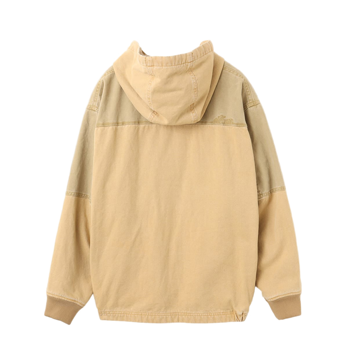 Hoodie-style work jacket made from durable duck fabric with fleece lining for warmth, featuring paint drips, bleach marks, and an atmos motif on the left chest. Model height 180cm, wearing size L.


