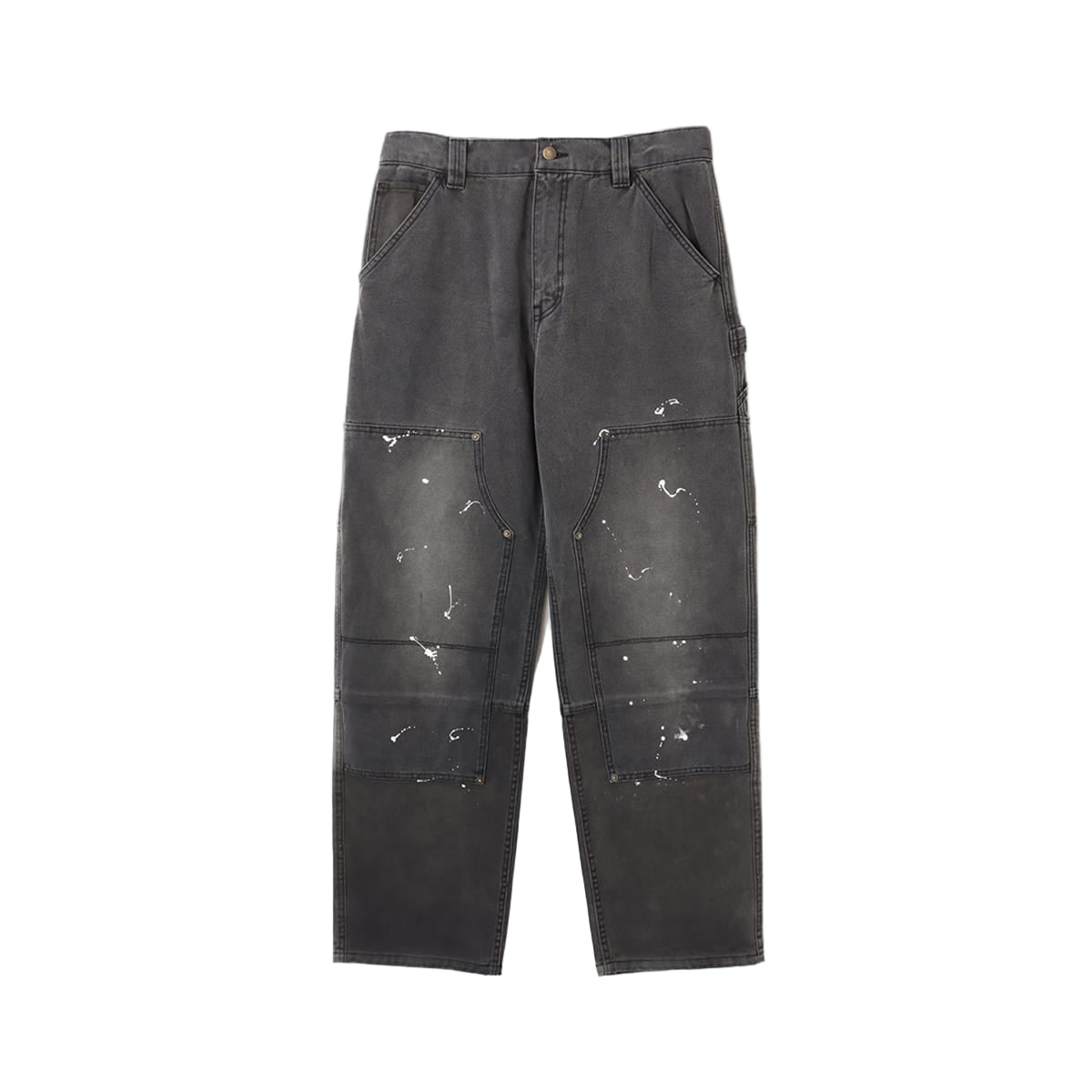 Double-knee work pants with vintage paint splashes and bleach effects, featuring an atmos logo on the back pocket.