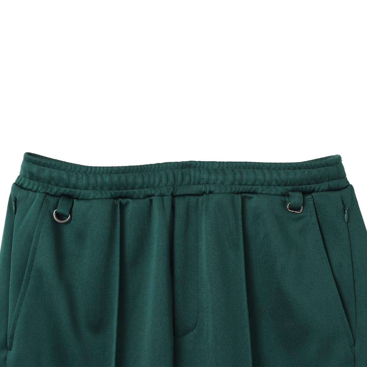 Men’s pin tuck trouser pants in Japanese Toray jersey with elastic waistband, bias pockets, and zippered back pocket