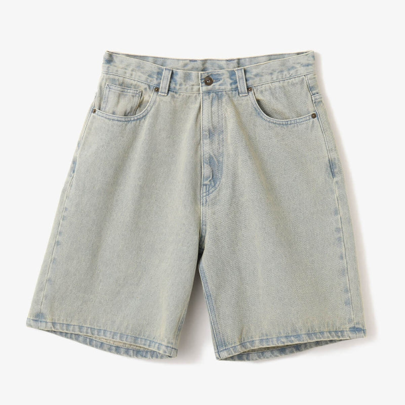 Men's baggy denim shorts with a bleached finish, printed pigment design, and adjustable waistband with spindle.