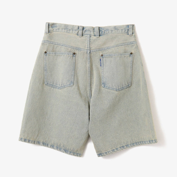 Men's baggy denim shorts with a bleached finish, printed pigment design, and adjustable waistband with spindle.