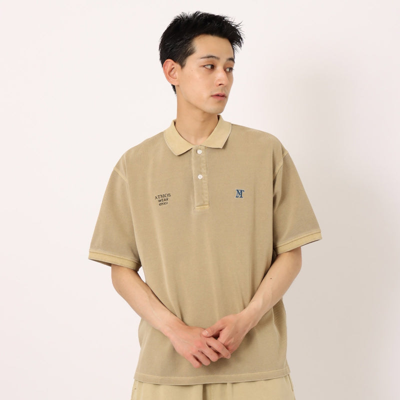 Vintage-style Pigment Dyed Polo Shirt with Embroidered Atmos Motif, 100% Cotton 