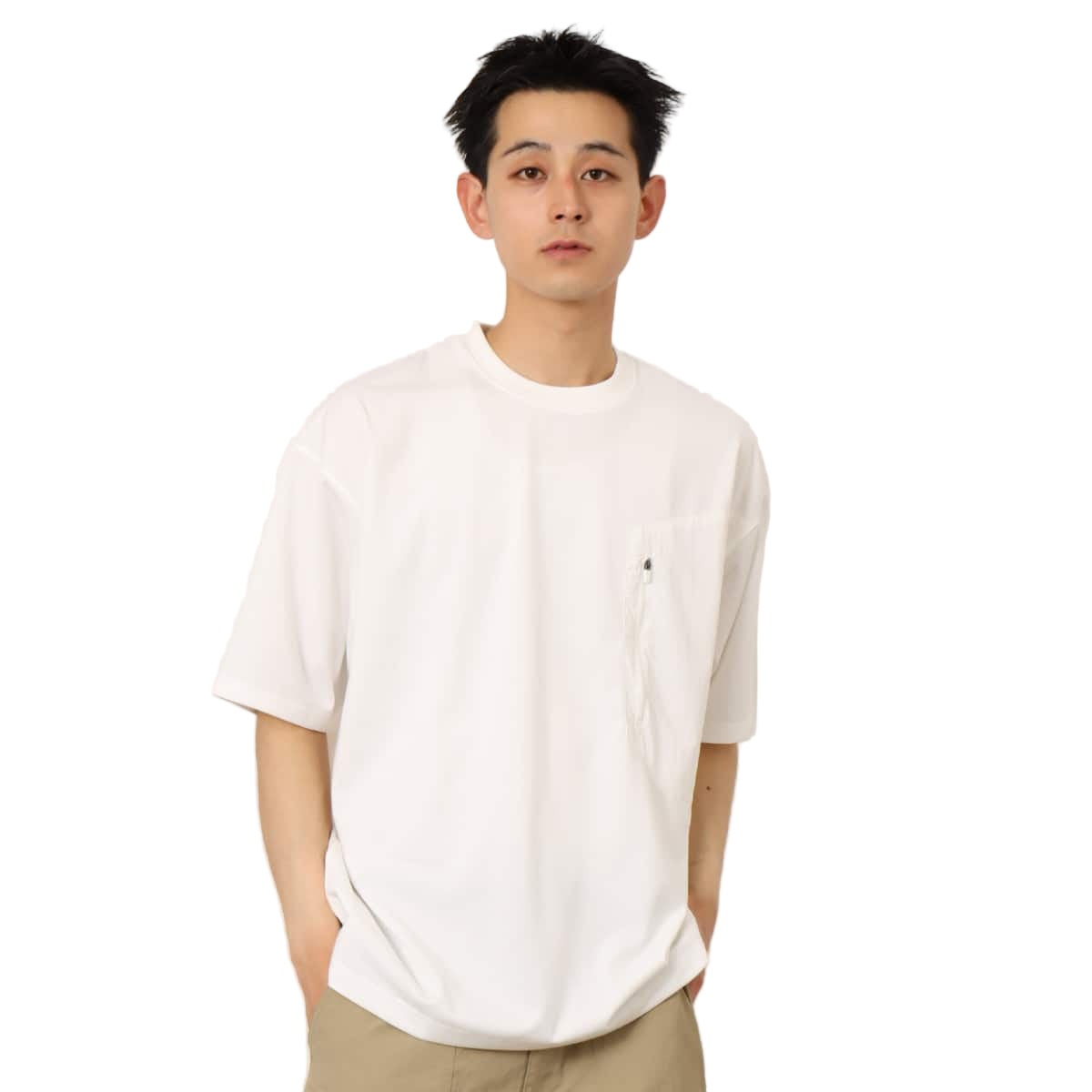 Men's short-sleeved polyester T-shirt with cotton-like texture, zippered pocket on left chest, and blue pist tag on left hem.


