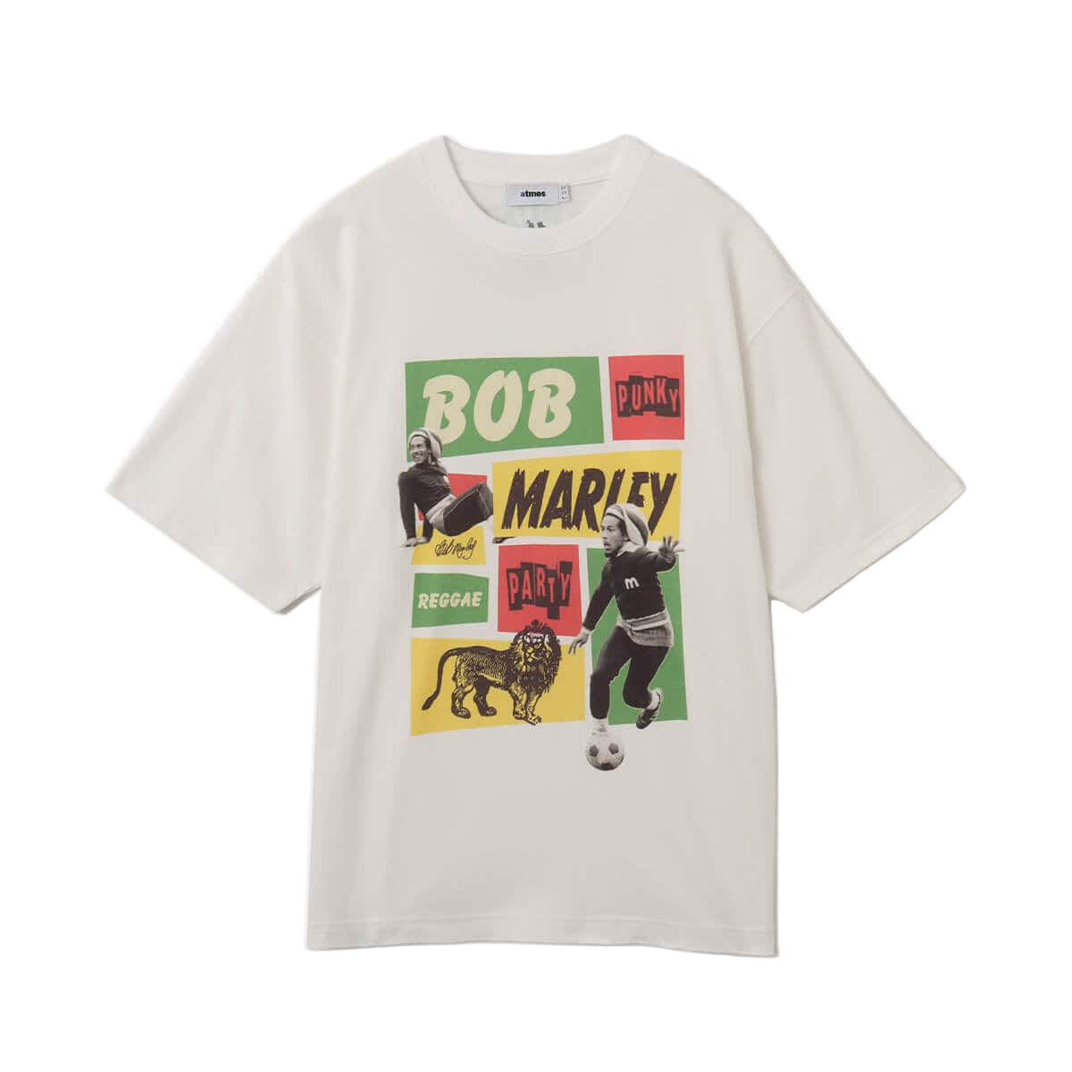 Special edition T-shirt celebrating Bob Marley’s biopic "Bob Marley: ONE LOVE," featuring a two-tone graphic inspired by the album Catch a Fire, atmos tag, ZION ROOTSWEAR logo, and Bob Marley’s signature embroidered on the left sleeve.


