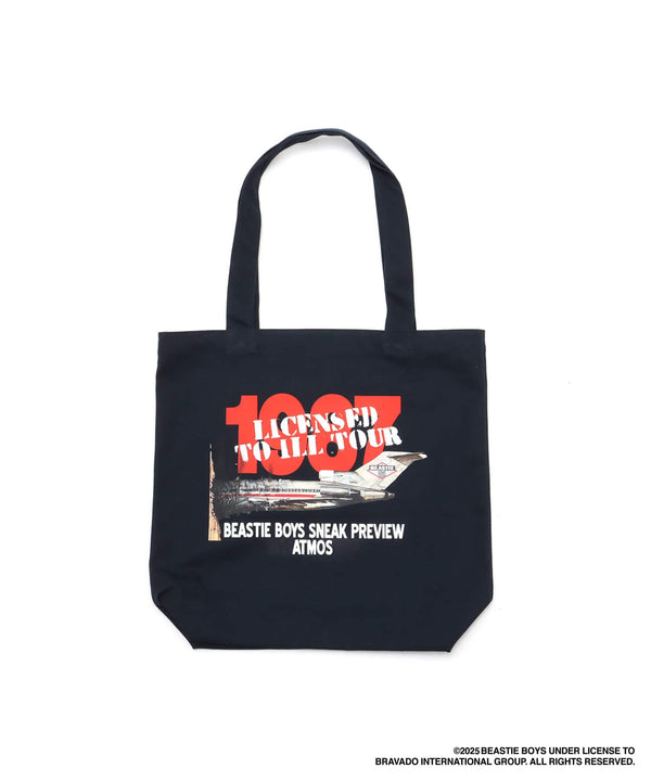 Limited edition atmos x Beastie Boys tote bag featuring "Licensed to Ill TOUR" flyer graphics and Eric Haze logo artwork, made from durable cotton material.