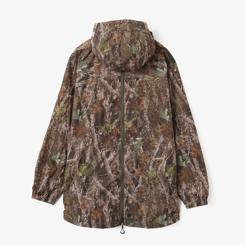 Lightweight, water-repellent anorak jacket with zippered back panel for wearing over a backpack