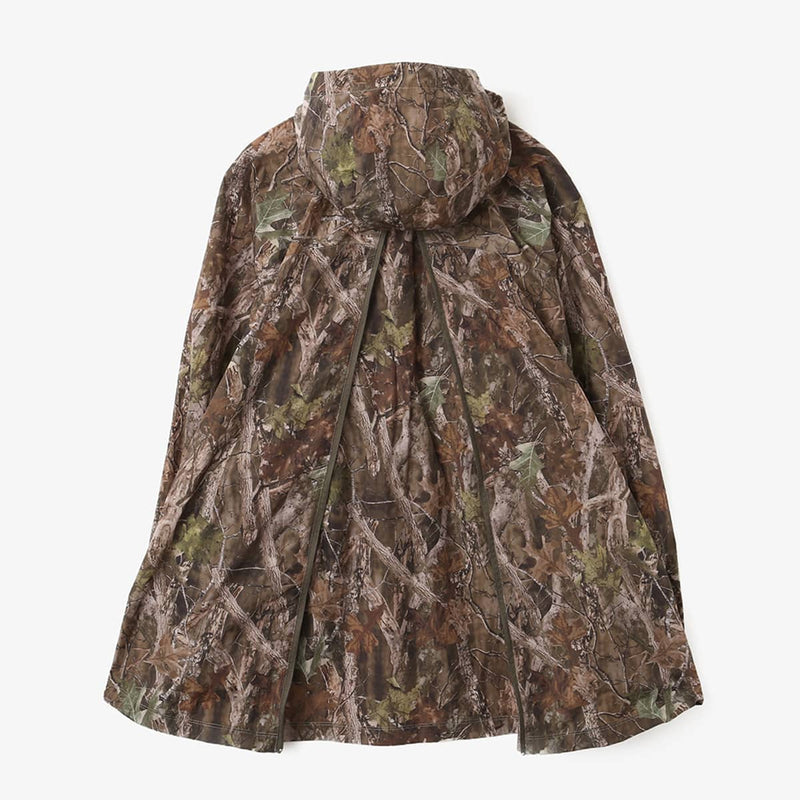 Lightweight, water-repellent anorak jacket with zippered back panel for wearing over a backpack