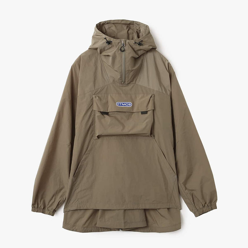 Lightweight, water-repellent anorak jacket with zippered back panel for wearing over a backpack