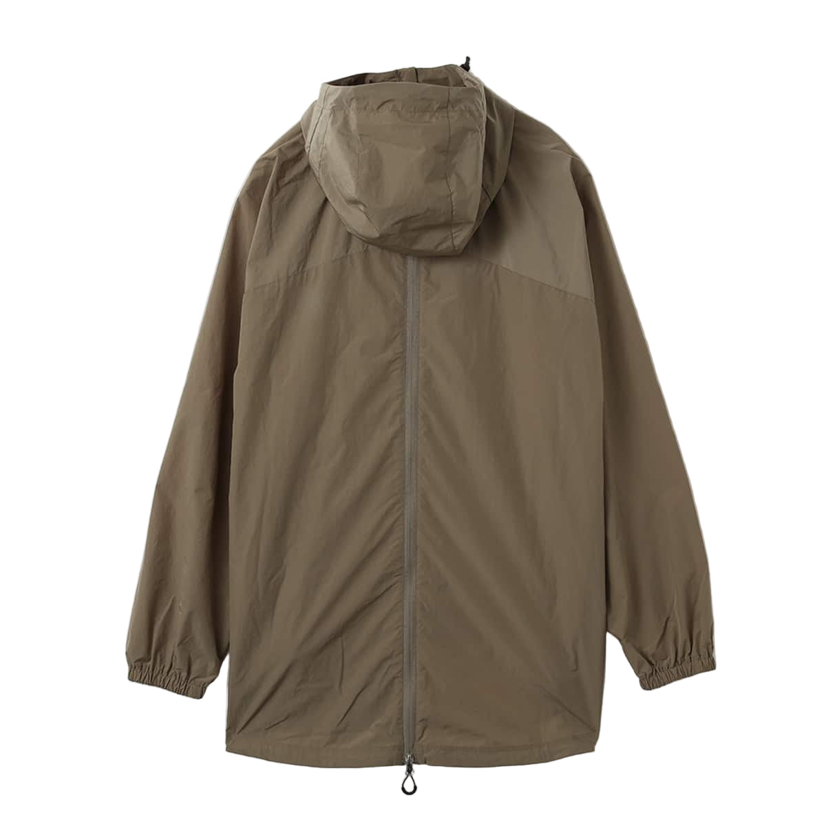 Lightweight, water-repellent anorak jacket with zippered back panel for wearing over a backpack
