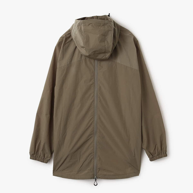 Lightweight, water-repellent anorak jacket with zippered back panel for wearing over a backpack