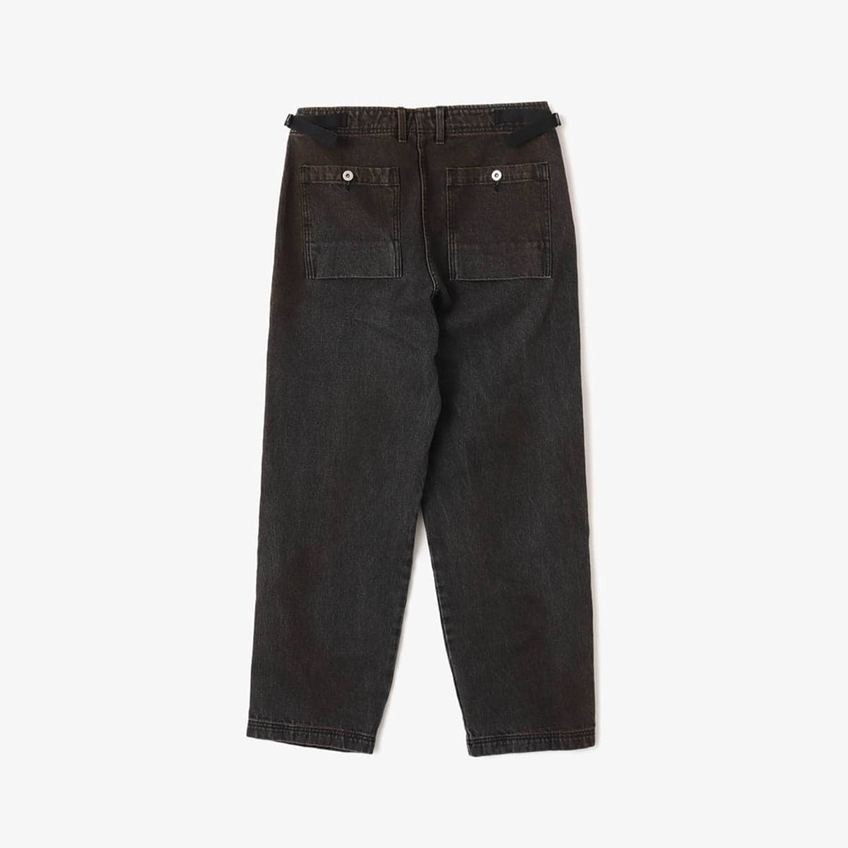 Vintage wash denim work pants with GI buckle waist, styled with matching denim jacket.