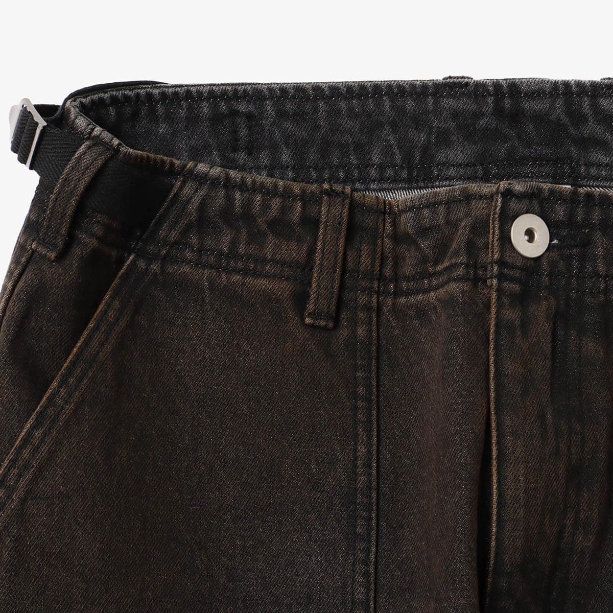 Vintage wash denim work pants with GI buckle waist, styled with matching denim jacket.