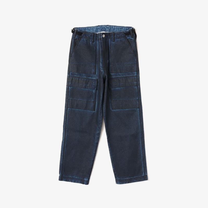 Vintage wash denim work pants with GI buckle waist, styled with matching denim jacket.