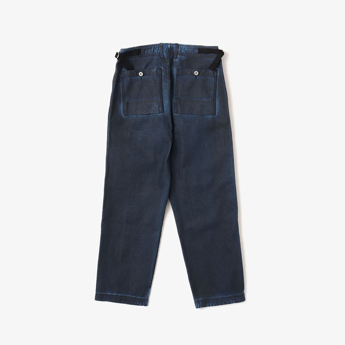 Vintage wash denim work pants with GI buckle waist, styled with matching denim jacket.