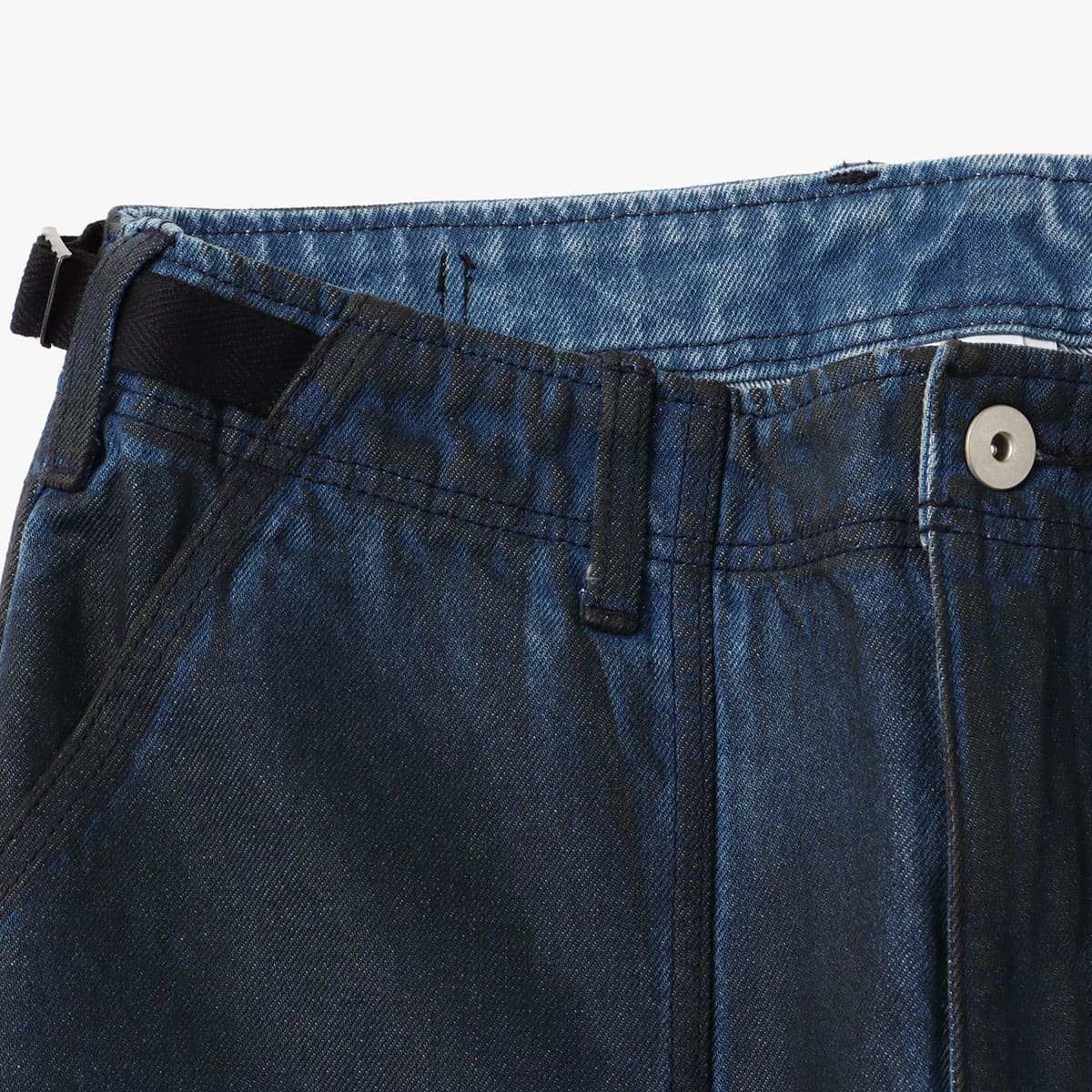 Vintage wash denim work pants with GI buckle waist, styled with matching denim jacket.