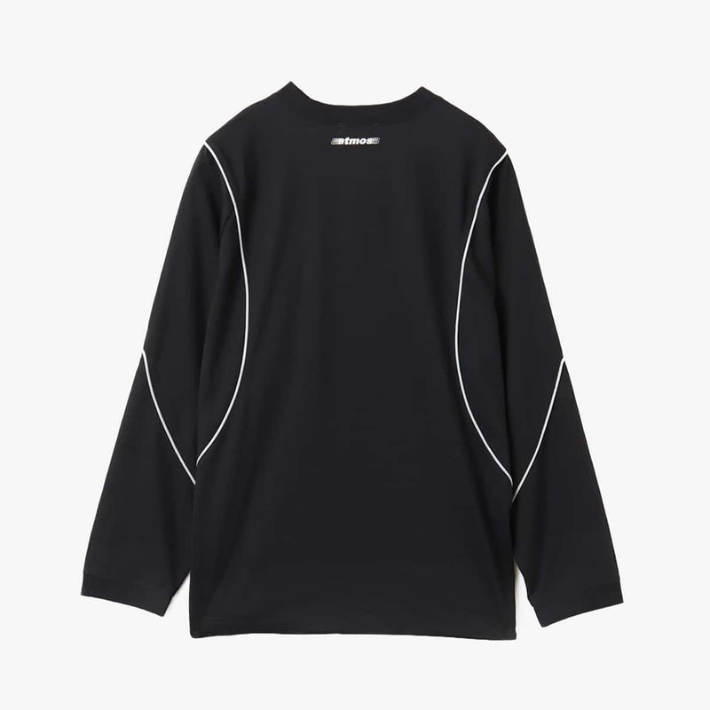 Sporty long-sleeve polyester T-shirt with raglan sleeves, reflective atmos logo on back neck, worn by 180cm model in size L