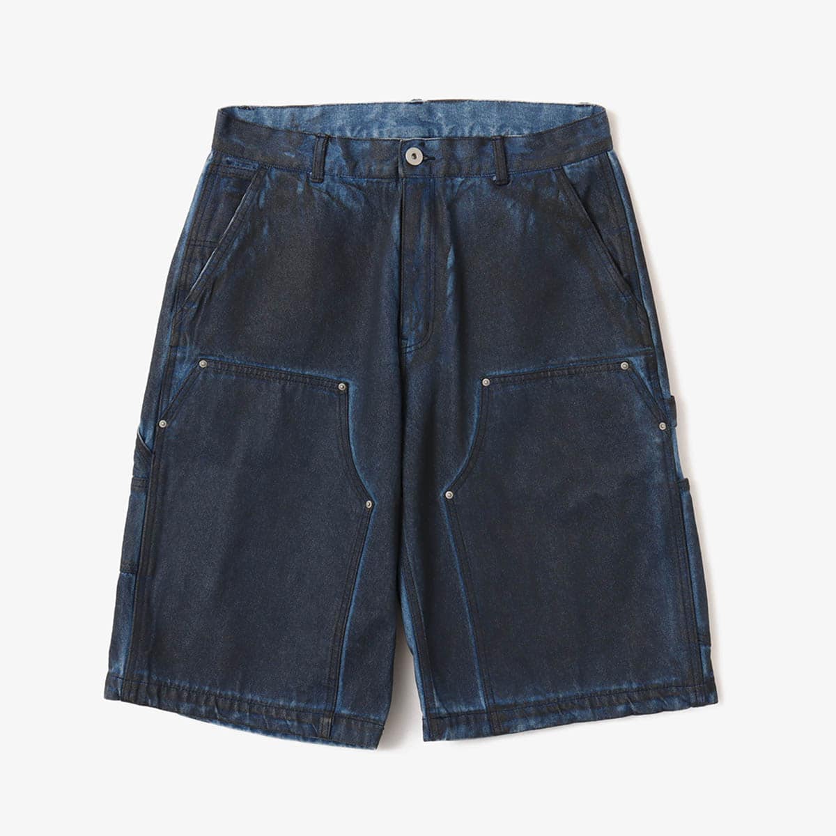 Double knee denim shorts with vintage wash and heavyweight fabric, worn by model.