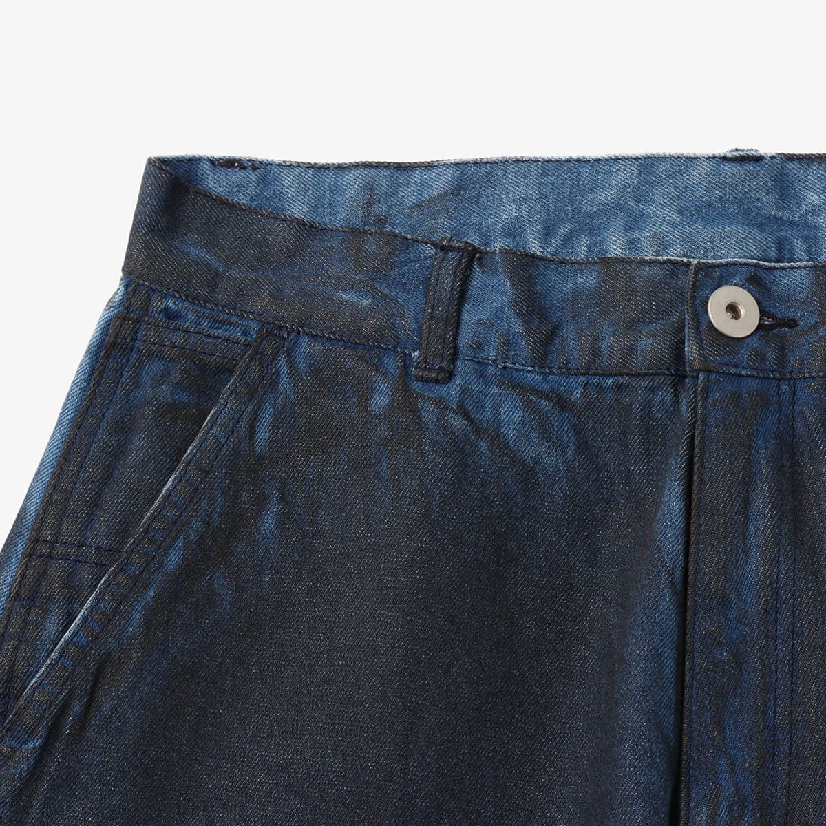 Double knee denim shorts with vintage wash and heavyweight fabric, worn by model.