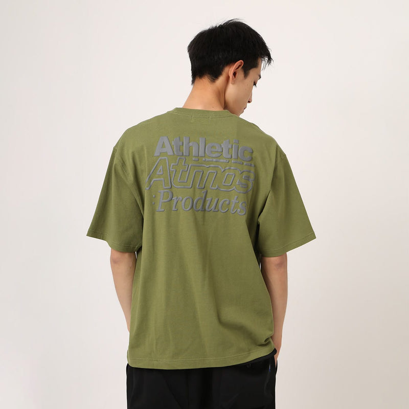 Short-sleeved cotton T-shirt with rubber atmos logo on chest and large foam-printed logo on the back