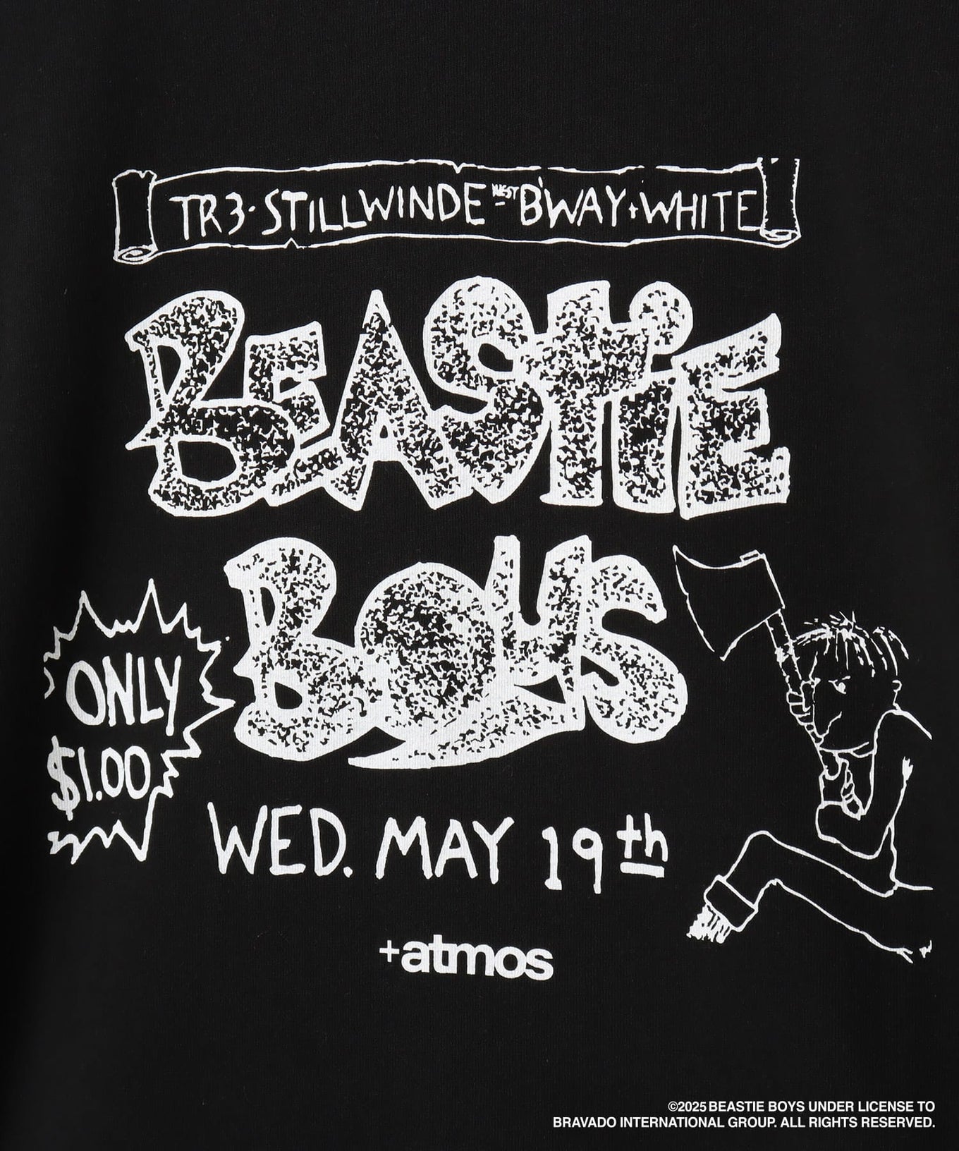 atmos x Beastie Boys T-shirt with early hardcore punk flyer graphic and colored body design.