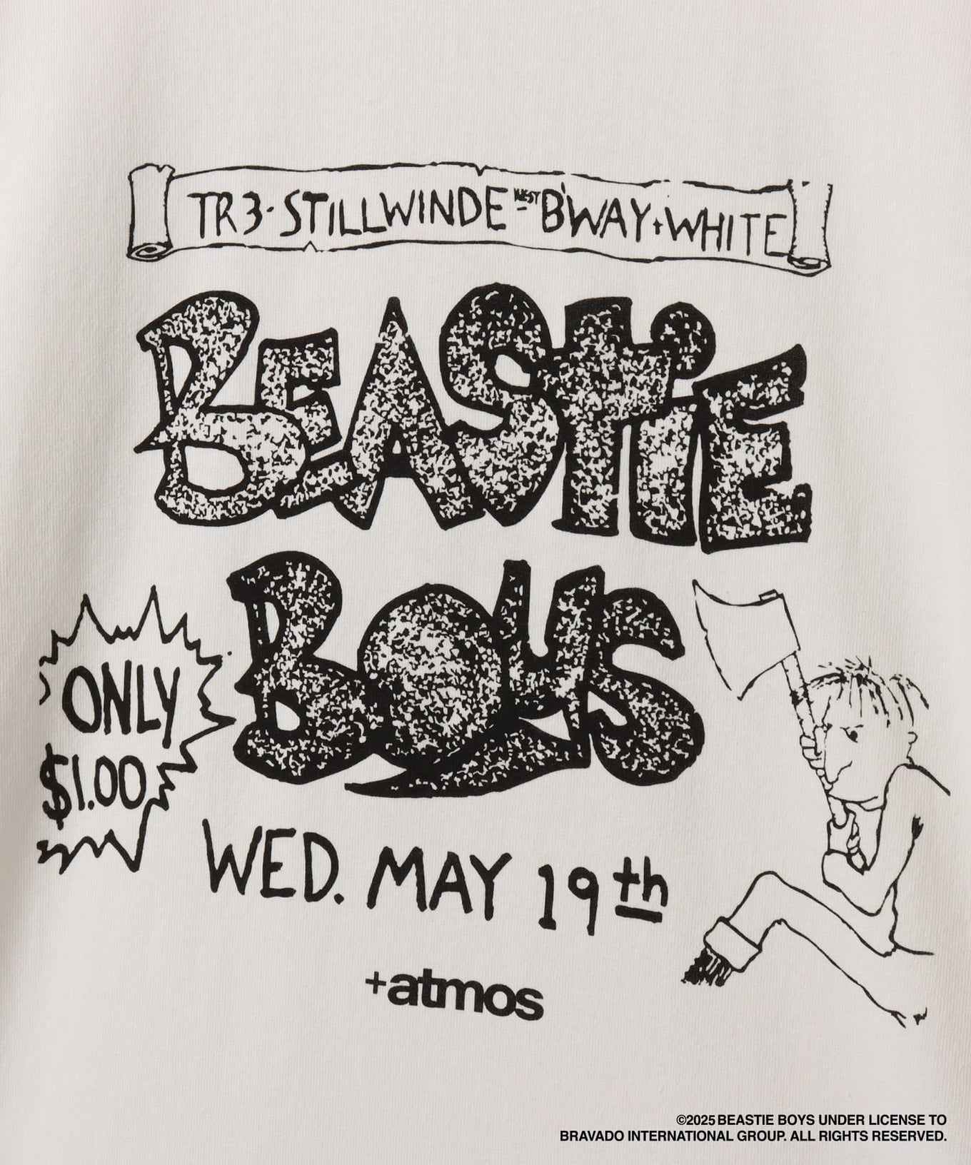atmos x Beastie Boys T-shirt with early hardcore punk flyer graphic and colored body design.