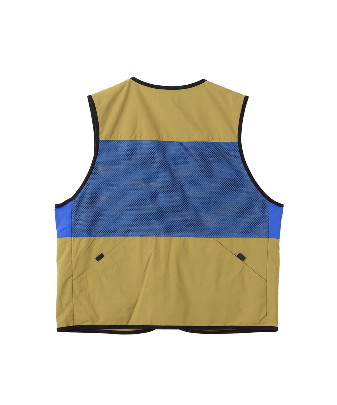 Model wearing a multi-pocket fishing-style vest made from textured nylon with a cotton-like finish.