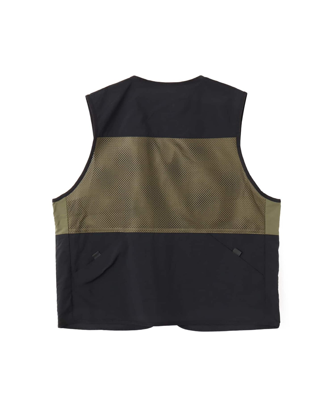 Model wearing a multi-pocket fishing-style vest made from textured nylon with a cotton-like finish.