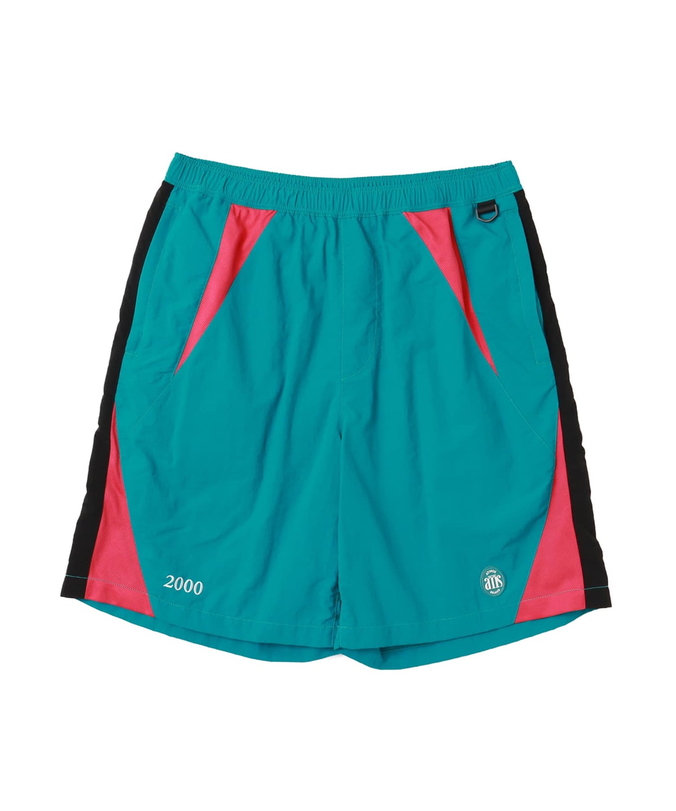 Wide-fit color-blocked nylon shorts with knee-length design and breathable mesh panels