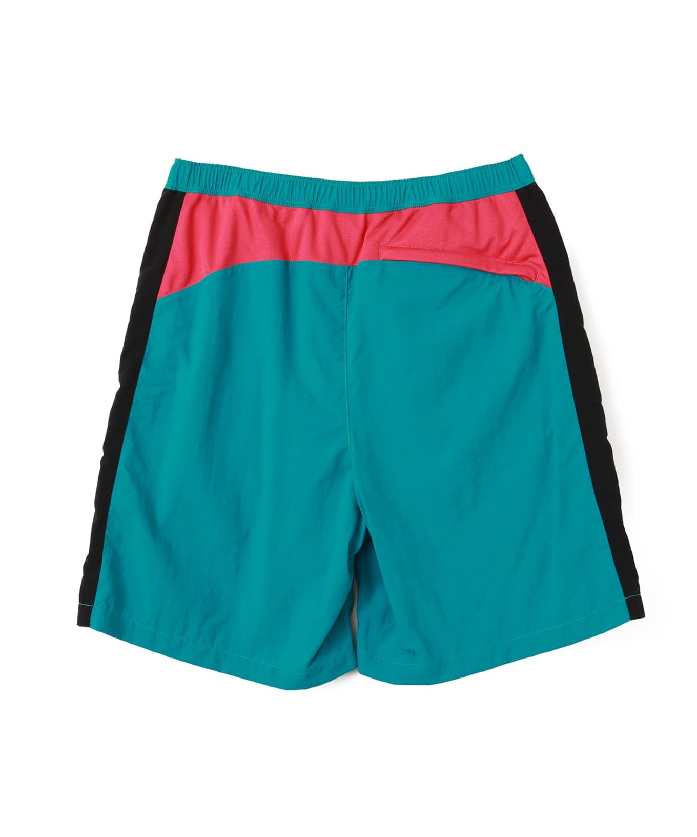 Wide-fit color-blocked nylon shorts with knee-length design and breathable mesh panels