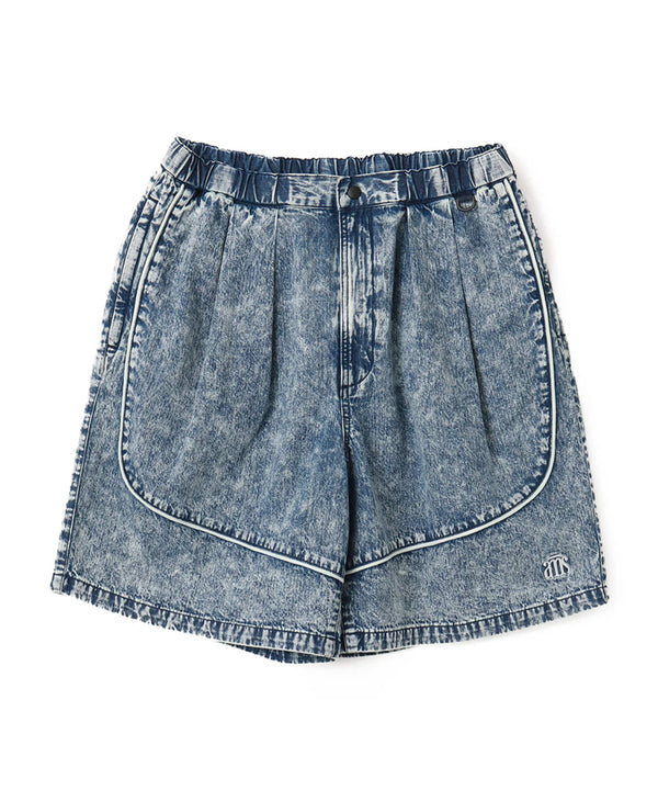 Vintage-washed linen-blend denim shorts in a relaxed fit, ideal for breathable and comfortable summer wear.