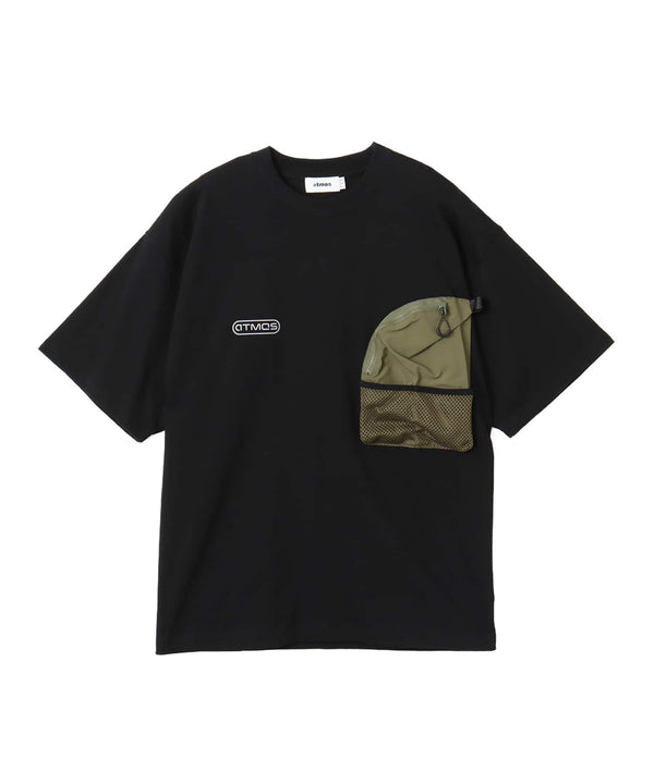 Model wearing a short-sleeved T-shirt with front zip pocket, made from textured, durable cotton.