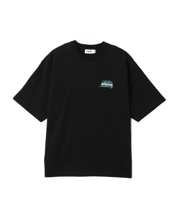 Model wearing short-sleeved atmos T-shirt with ATHENTIC AUTHORITY logo in embroidery and rubber print.