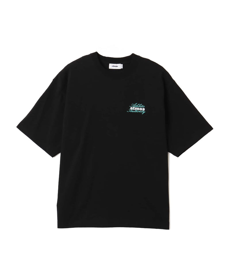 Model wearing short-sleeved atmos T-shirt with ATHENTIC AUTHORITY logo in embroidery and rubber print.