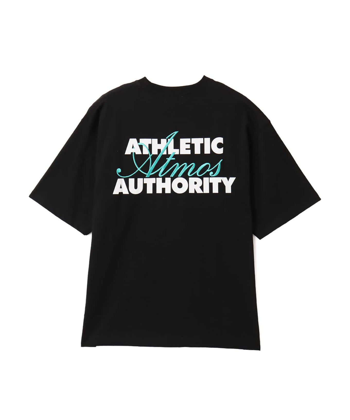 Model wearing short-sleeved atmos T-shirt with ATHENTIC AUTHORITY logo in embroidery and rubber print.