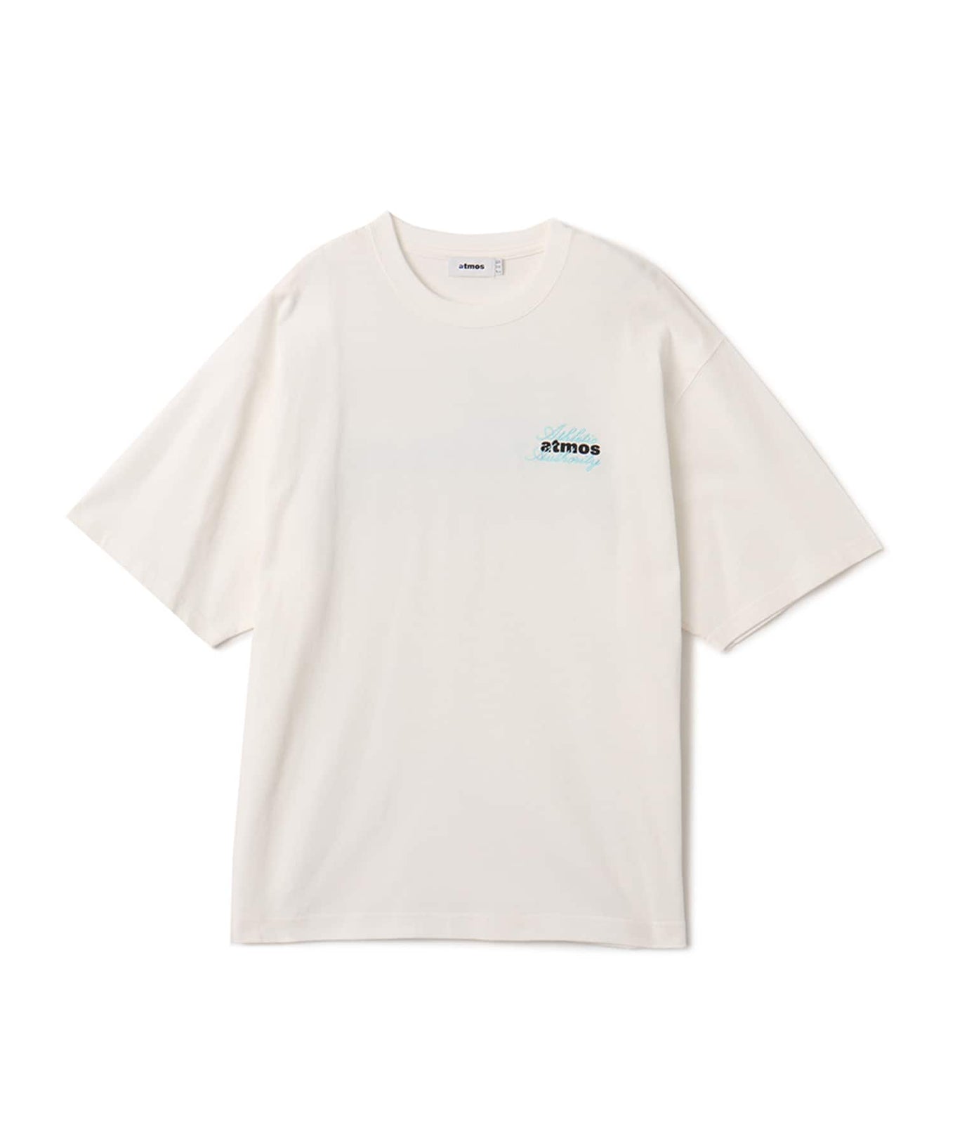 Model wearing short-sleeved atmos T-shirt with ATHENTIC AUTHORITY logo in embroidery and rubber print.