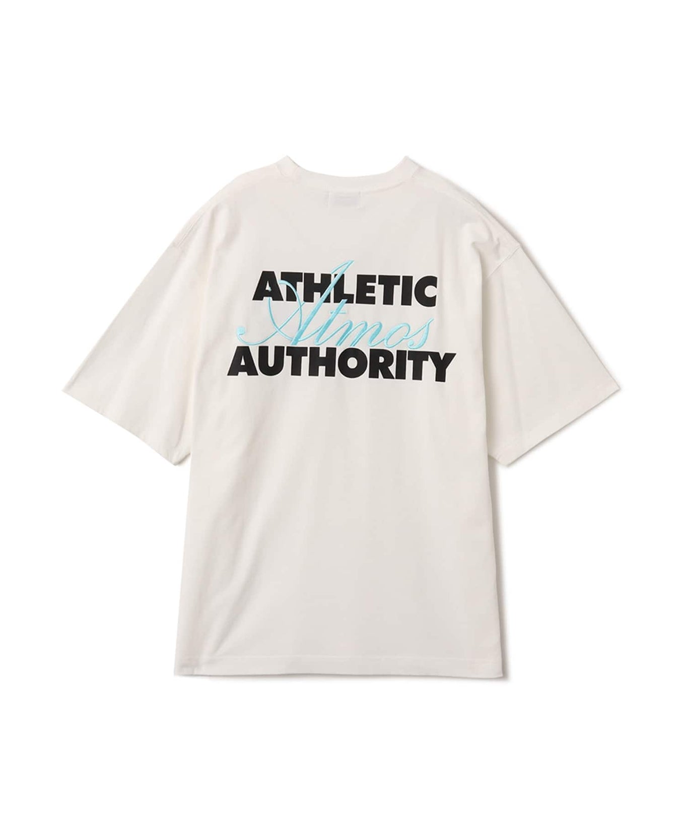 Model wearing short-sleeved atmos T-shirt with ATHENTIC AUTHORITY logo in embroidery and rubber print.