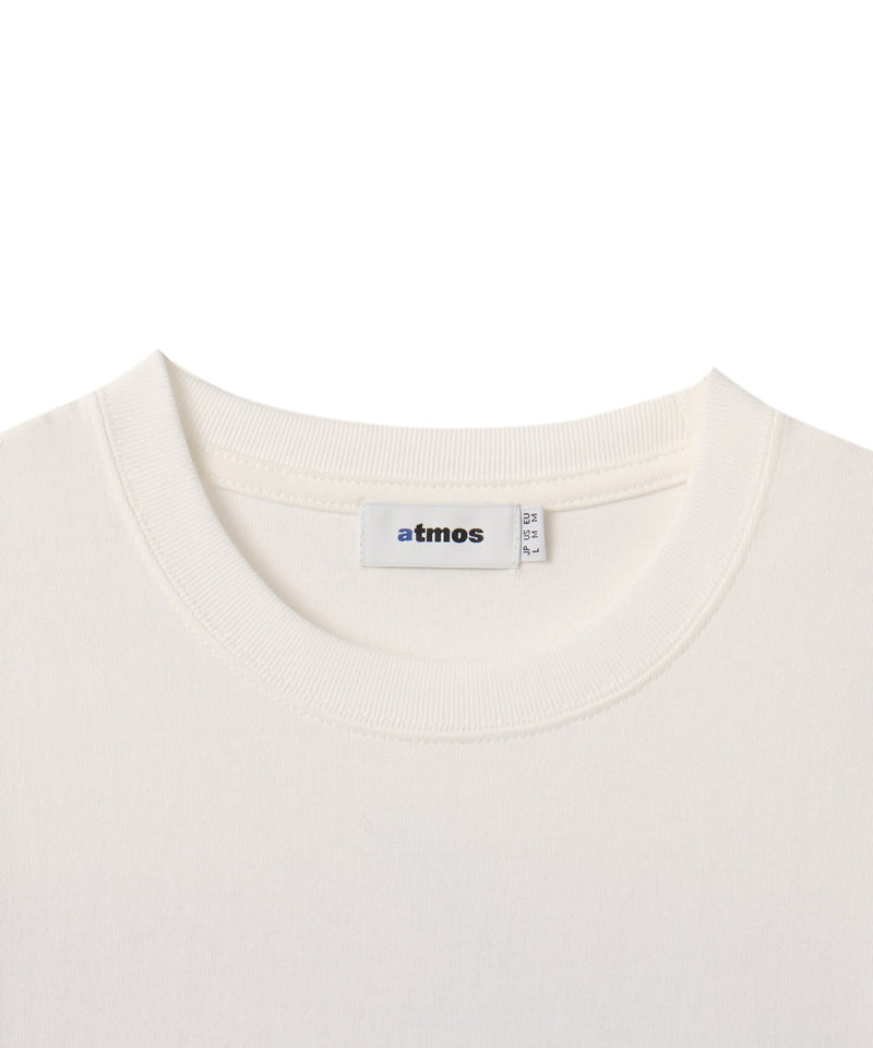 Model wearing short-sleeved atmos T-shirt with ATHENTIC AUTHORITY logo in embroidery and rubber print.